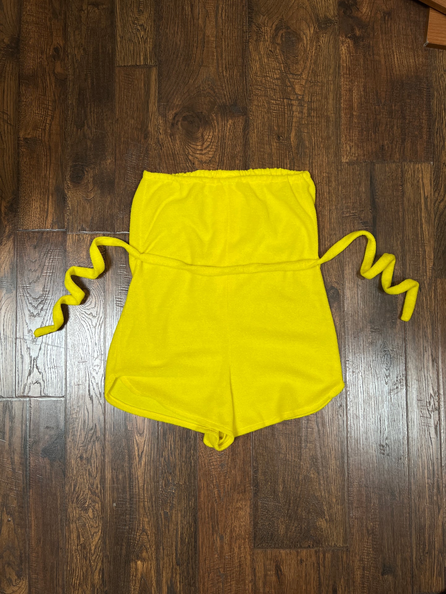 Vintage 1970s Yellow Terrycloth Playsuit - Strapless Belted Bathing Suit Cover-Up - Small