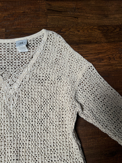 Vintage David Wayne Cotton Crochet Sweater – Ivory Open Knit Floral V-Neck – Medium