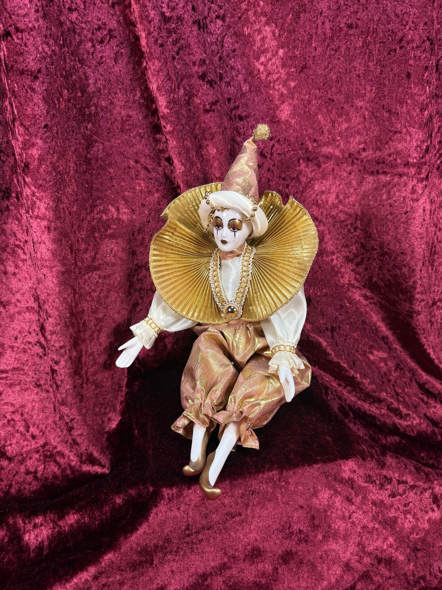 Vintage Porcelain Harlequin Doll – Gold Ruffled Collar Pierrot Figure