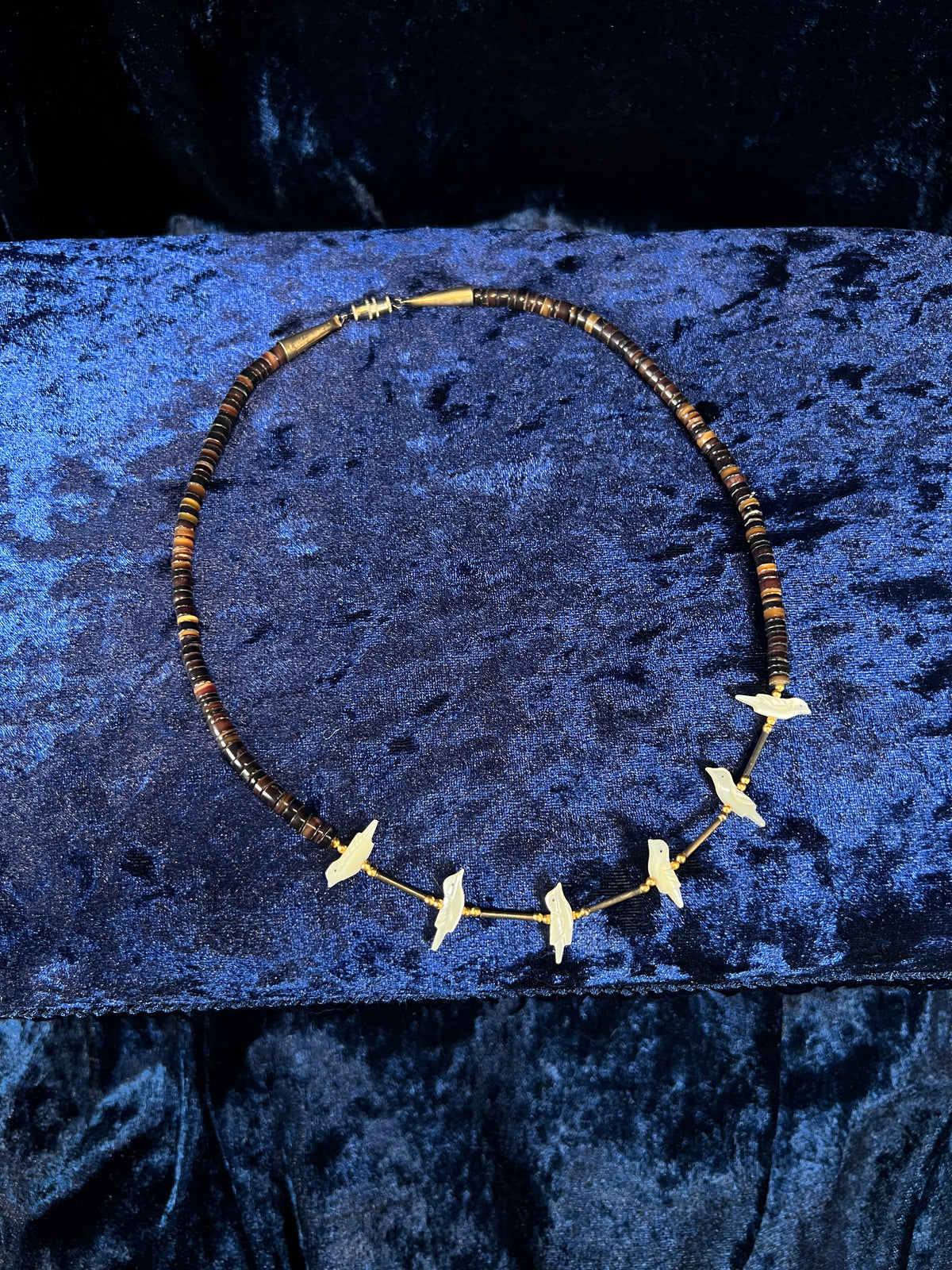 Vintage Zuni Heishi Fetish Necklace - Shell and Mother of Pearl Birds Sterling Silver Clasp