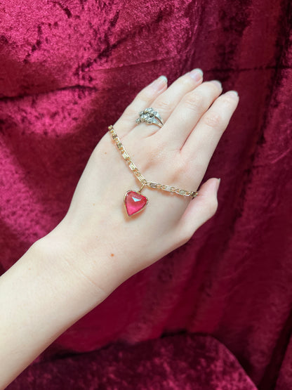 Vintage Jewelry - Bracelet - Gold Tone Metal - Pink Heart Pendant - Germany