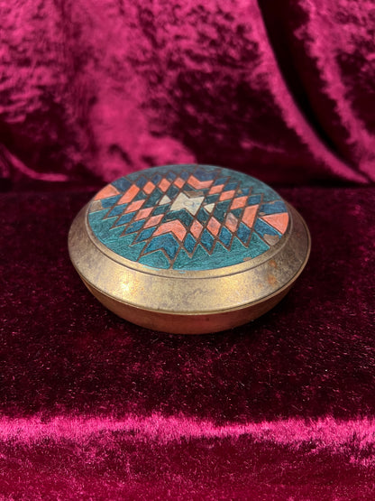 Vintage Solid Brass Trinket Box - 1990s Handpainted Southwestern Design