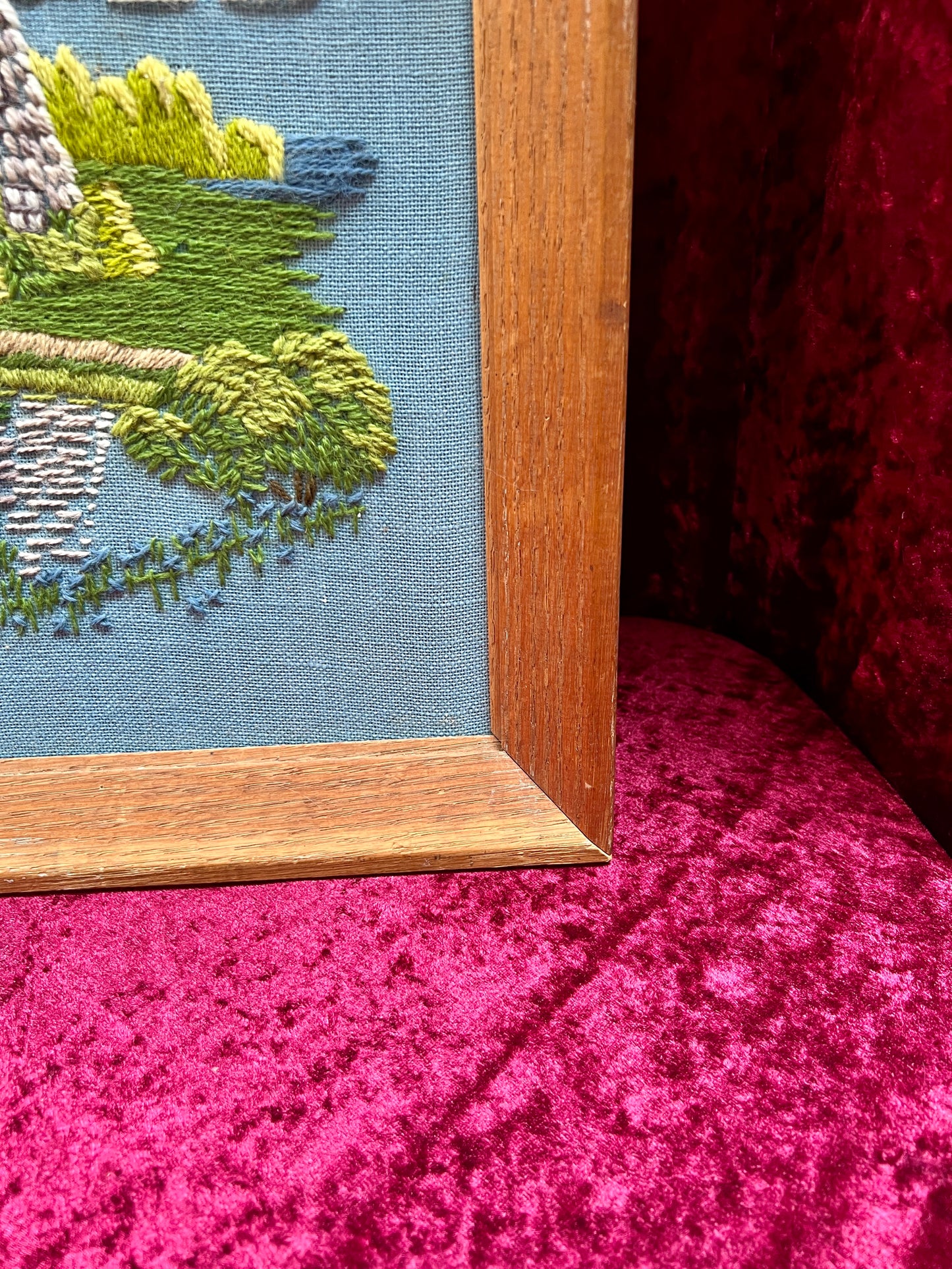 Vintage Framed Embroidery Art – Southampton Petticoat Windmill Crewel