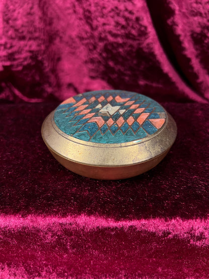 Vintage Solid Brass Trinket Box - 1990s Handpainted Southwestern Design