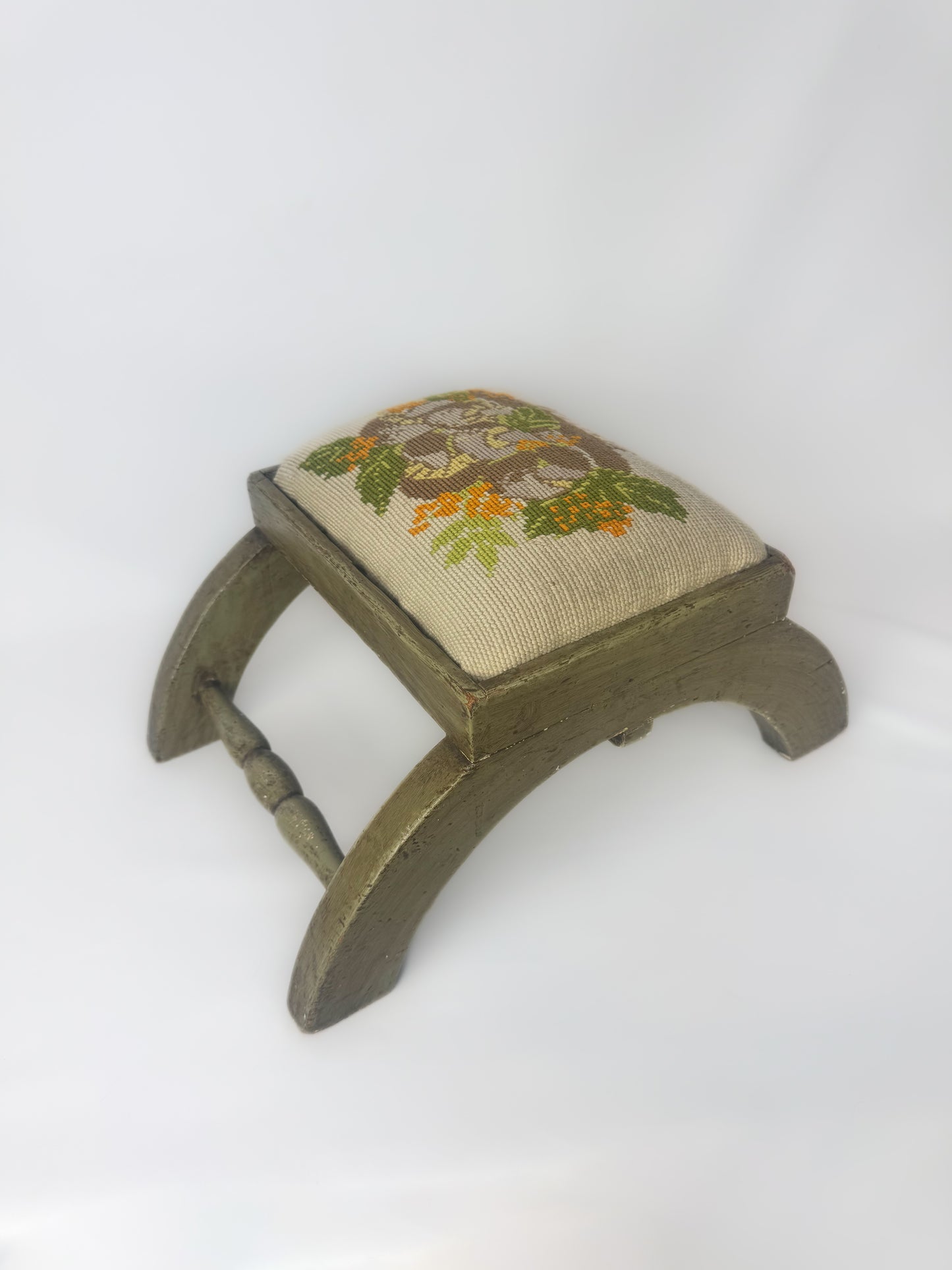 Vintage 1970s Needlepoint Mushroom / Toadstool Wooden Foot Stool