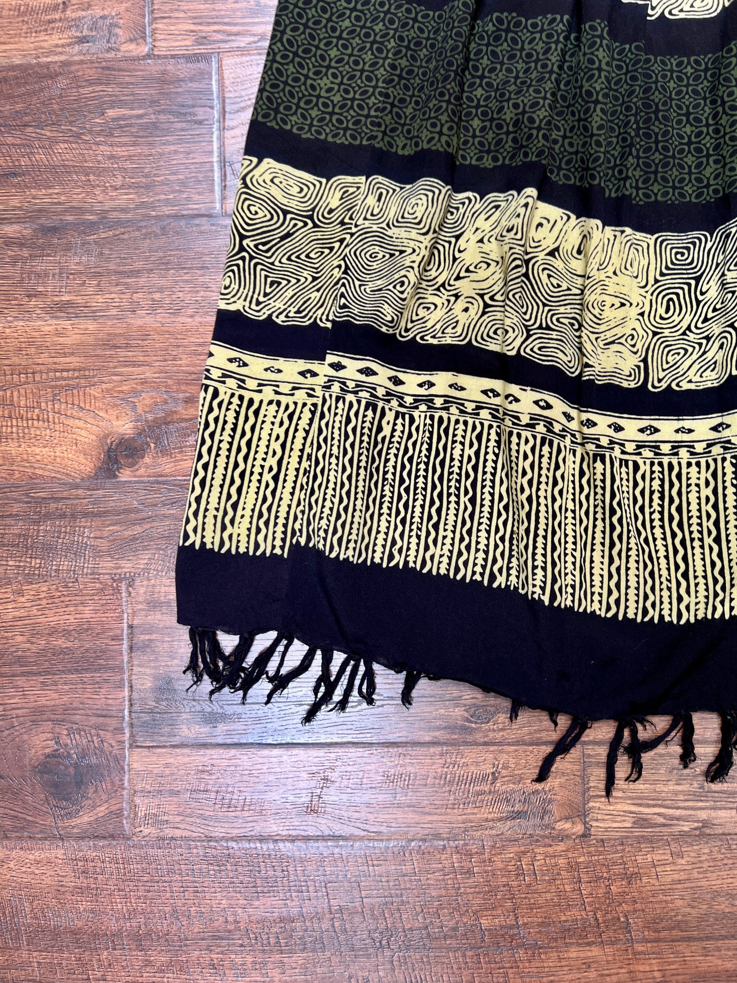 Vintage Gauzy Cotton Blend Full Length Skirt – Tiki Style Pattern with Fringe Hem - Ruby's Moods