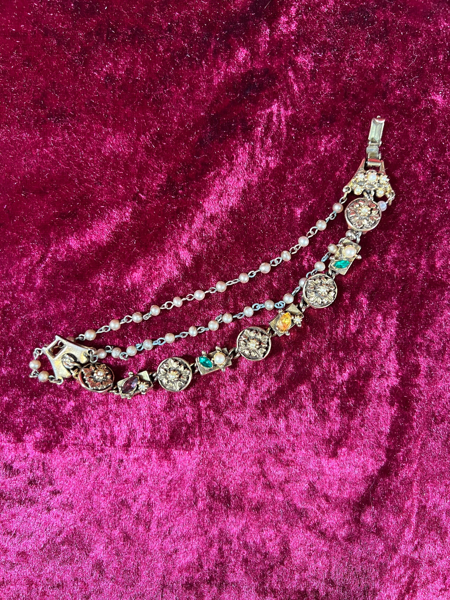 Vintage Jewelry - 3-Strand Charm Bracelet - Gold Tone - Multicolor Rhinestones - Goldette NY