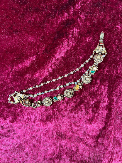 Vintage Jewelry - 3-Strand Charm Bracelet - Gold Tone - Multicolor Rhinestones - Goldette NY