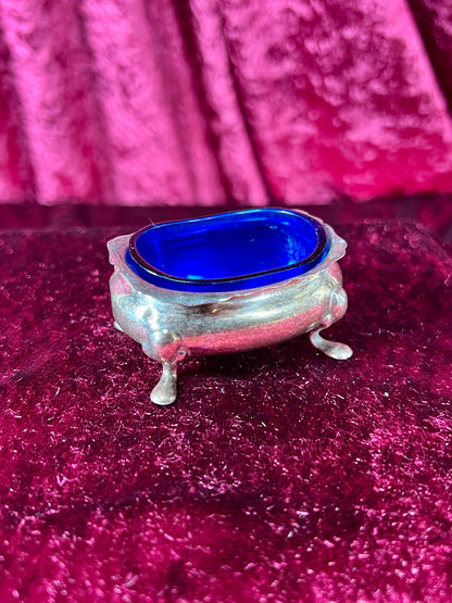 Vintage Kitchen - Footed Salt Cellar with Cobalt Blue Glass Insert - Sterling Silver - Dented