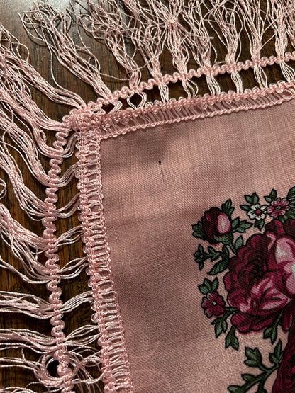 Vintage Kashmir Woole Floral Fringe Scarf - Pink Rose Square Wrap Bohemian Style