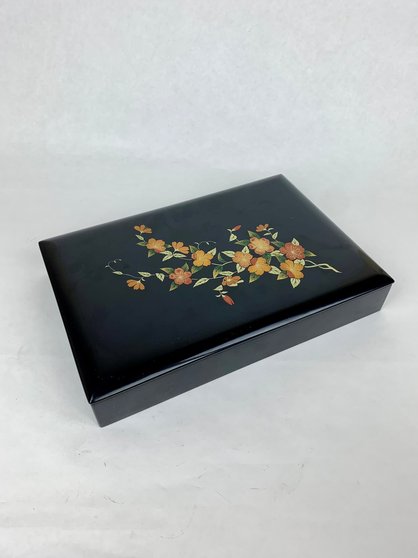 Vintage Black Lacquerware Trinket Box - Orange Floral Branch