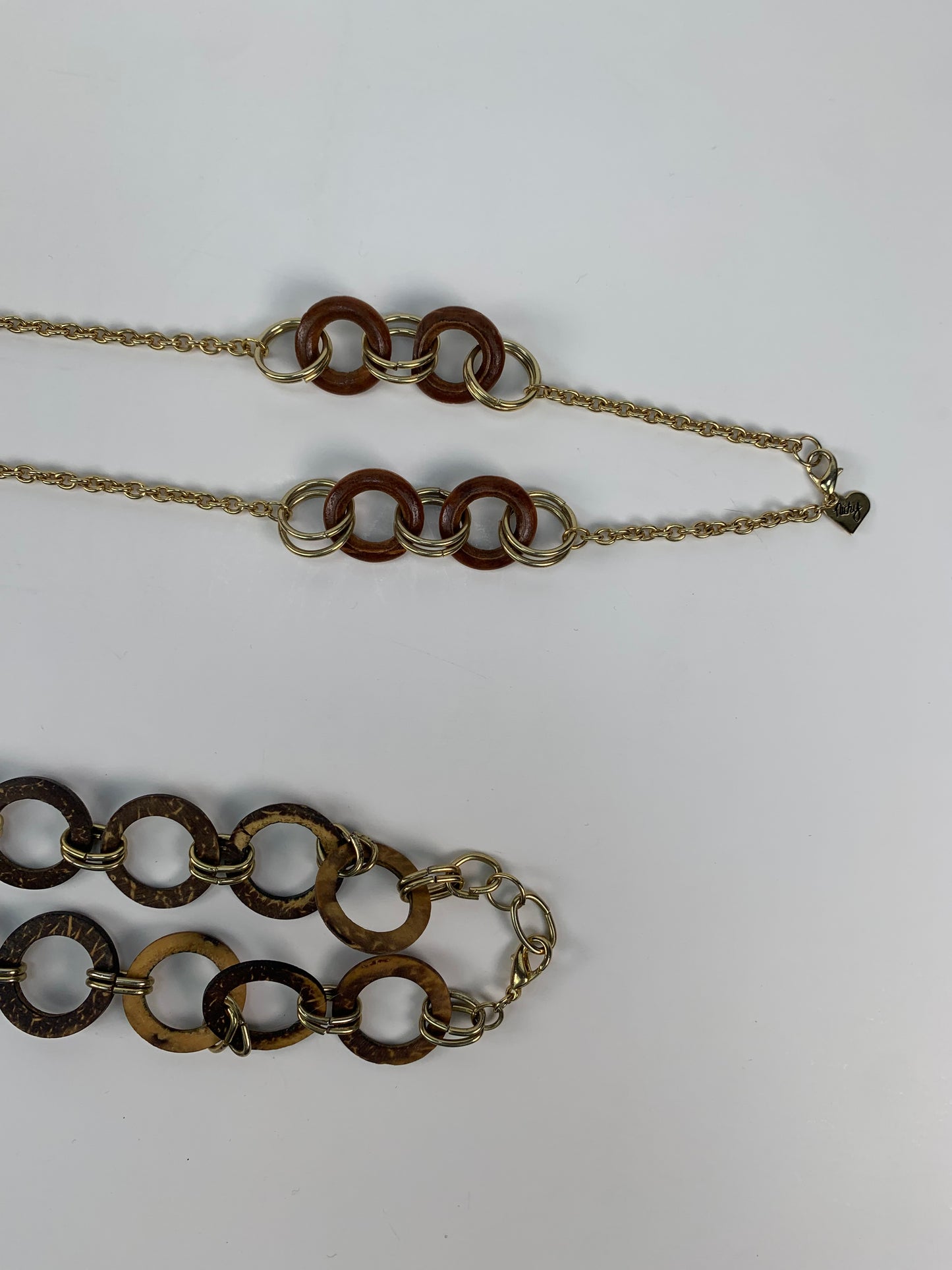 Vintage Jewelry - Matinee Necklace Pair - Wood Hoop Chain with Gold Tone Metal Fastenings