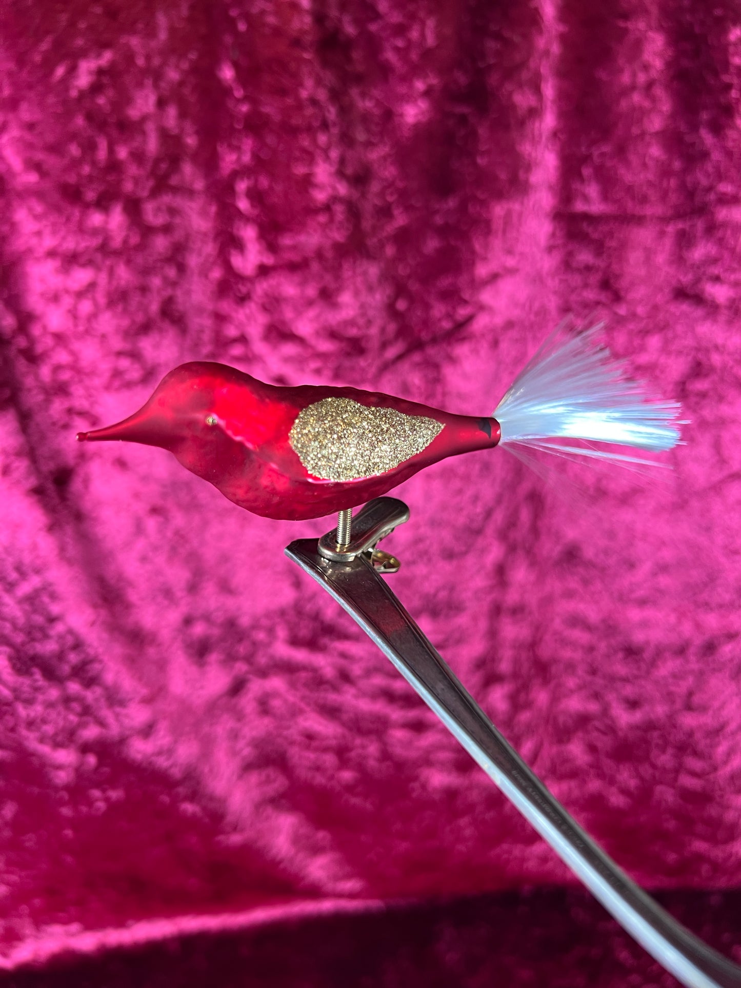 Vintage Christmas - Glass Clip-On Ornament - Bright Red Cardinal with Nylon Hair Tail