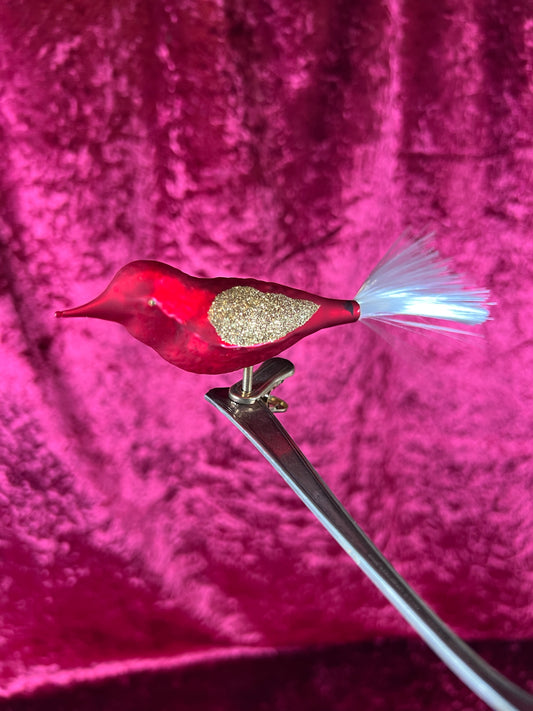 Vintage Christmas - Glass Clip-On Ornament - Bright Red Cardinal with Nylon Hair Tail