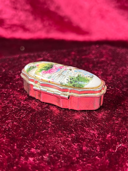 Vintage Vanity - 2-Compartment Pill Box - Silver Tone - Enamel Lid - Kissing Prince and Princess
