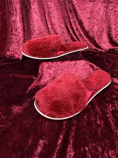 Vintage Shoes - Fuzzy Peep-Toe Sandal Slippers - Red - Size 8 / 9