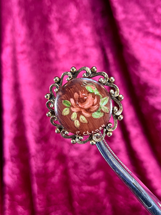 Vintage Jewelry - Brooch - Hand Painted Rose on Gold Tone Frame - F. Chaney