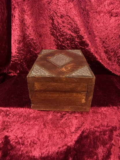 Vintage Dark Wood Trinket Storage Box – Geometric Metal Inlay - Lockable Lid