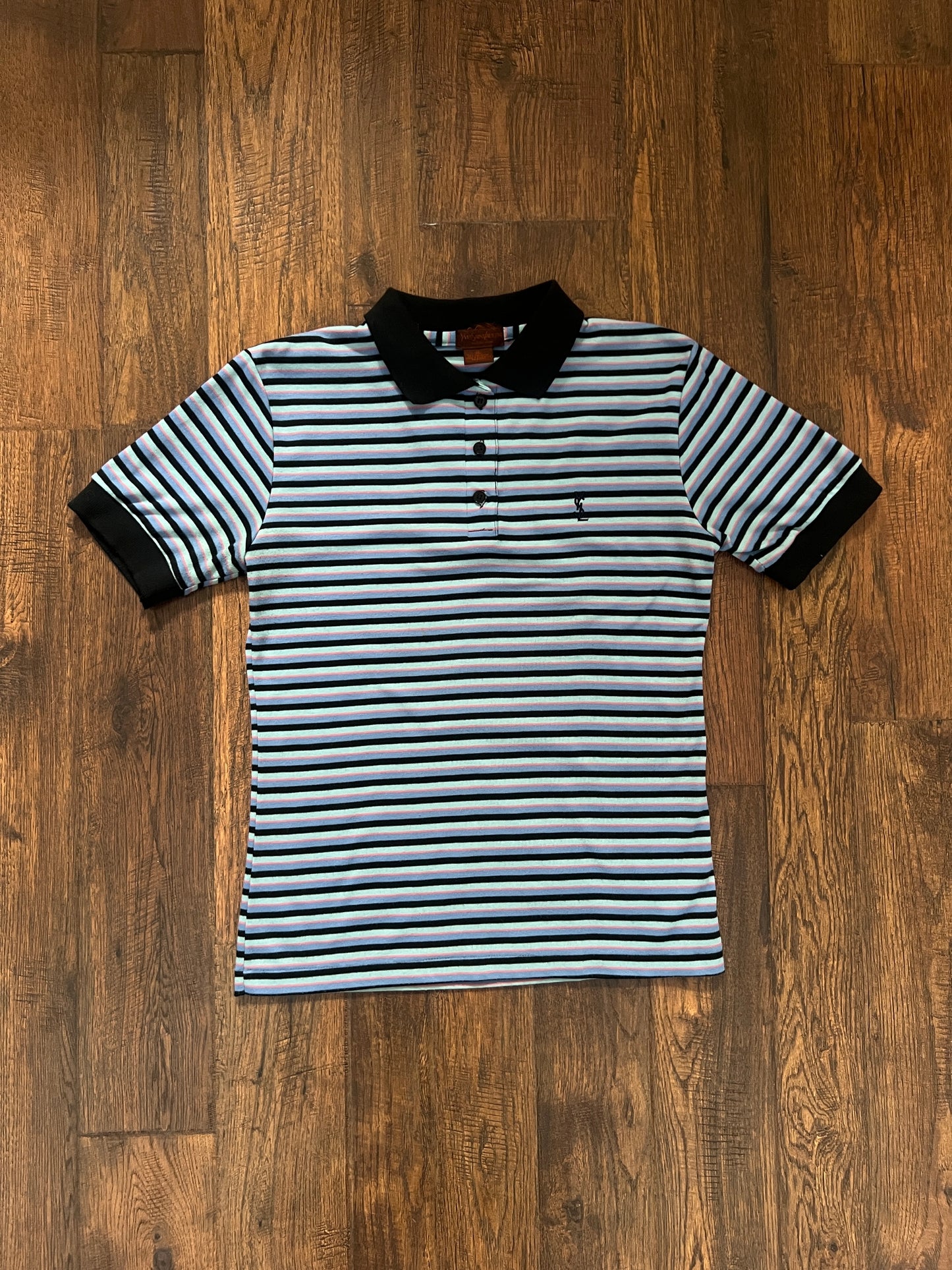 Vintage Yves Saint Laurent Striped Polo Shirt - Blue Black Short Sleeve - Medium