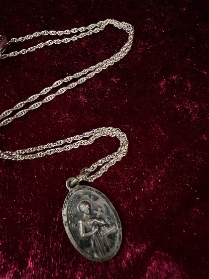 Vintage Silver Tone Religious Medal Necklace - Saint Gerard Pendant