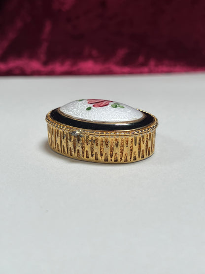 Vintage Trinket Box - Oval Pill / Snuff Box - Enamel Rose Bud - Gold Basket Weave Design