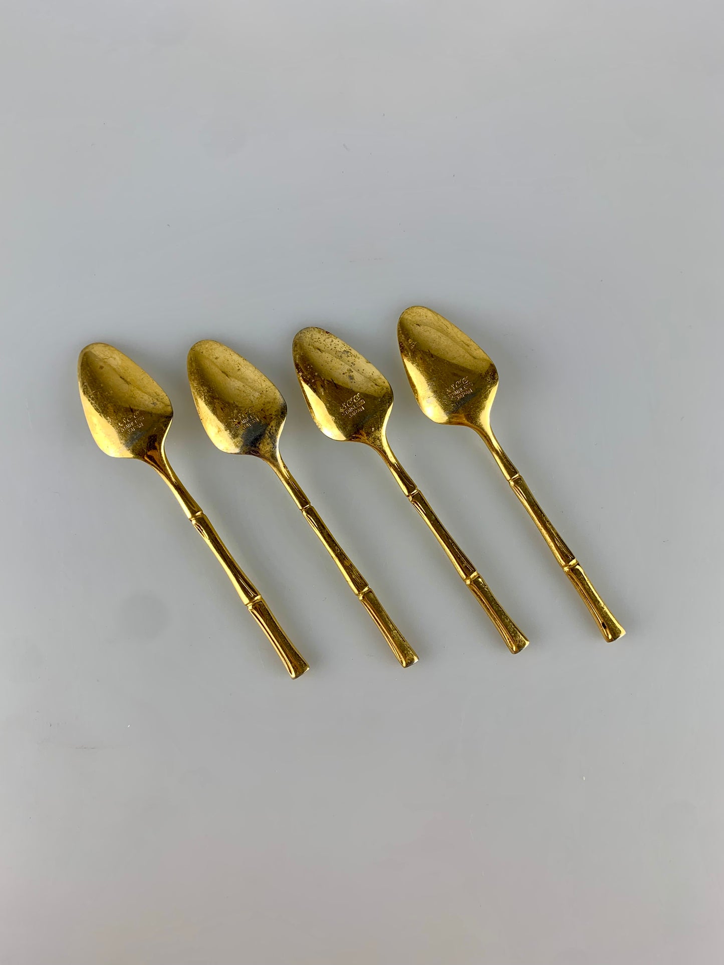 Vintage SCC Japan Gold Tone Bamboo Dessert Spoons - Set of 4