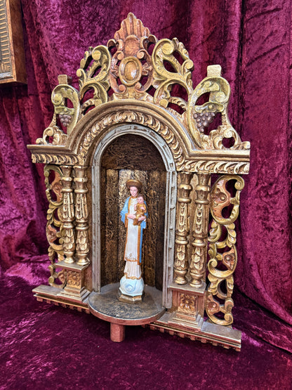 Vintage Hand Carved Wooden Altar - Immaculate Conception of Mary - Gold Shrine Devotional
