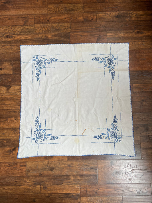 Vintage Linens - Square Tablecloth - Embroidered Blue Roses - 40” X 39.5”