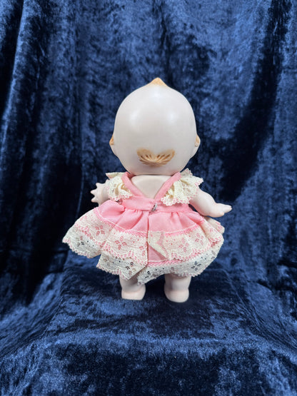 Vintage Bisque Ceramic Kewpie Doll – Posable Figure with Pink Lace Dress