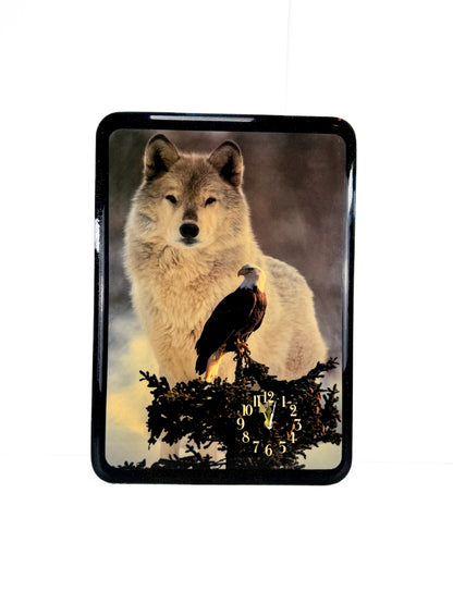 Vintage Wall Clock Resin Art - Wolf and Eagle Black Glitter