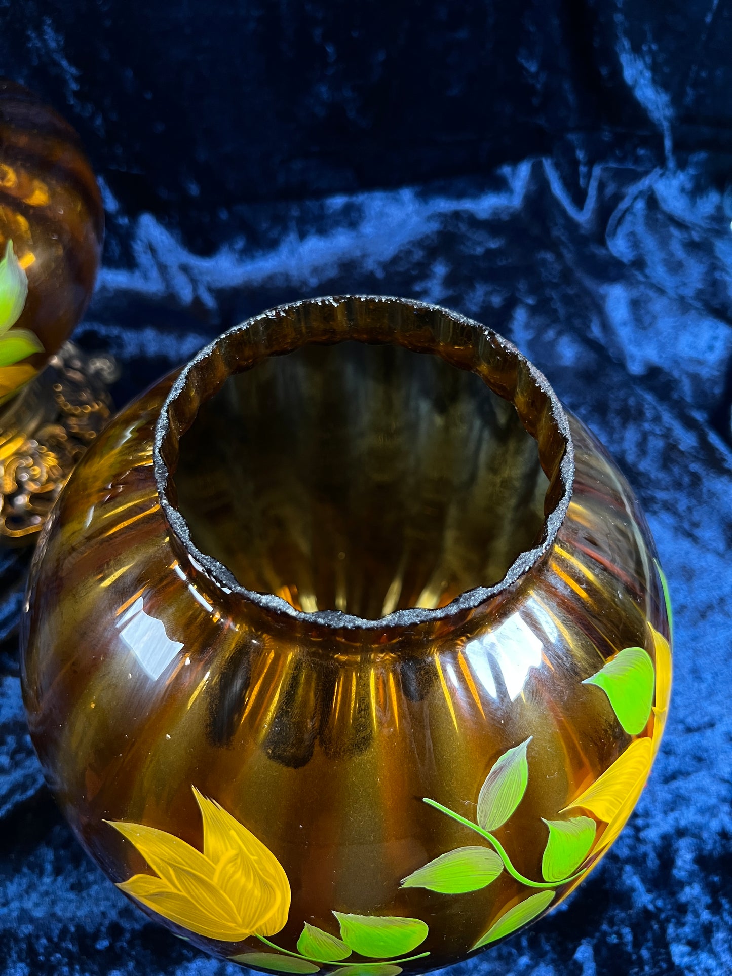 Vintage Amber Glass Parlor Lamp – Hand Painted Yellow Flowers Double Globe Hurricane Style