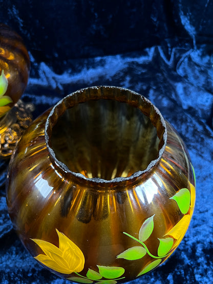 Vintage Amber Glass Parlor Lamp – Hand Painted Yellow Flowers Double Globe Hurricane Style