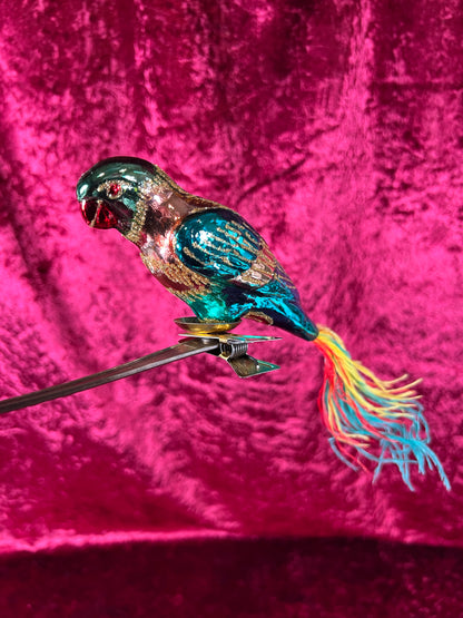 Vintage Christmas - Glass Clip-On Ornament - Teal Blue Parrot with Feather Tail