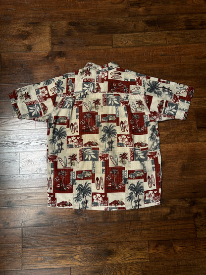 Vintage Paradise Blue Silk Rayon Shirt – Hawaiian Surf Car Print – Size Large
