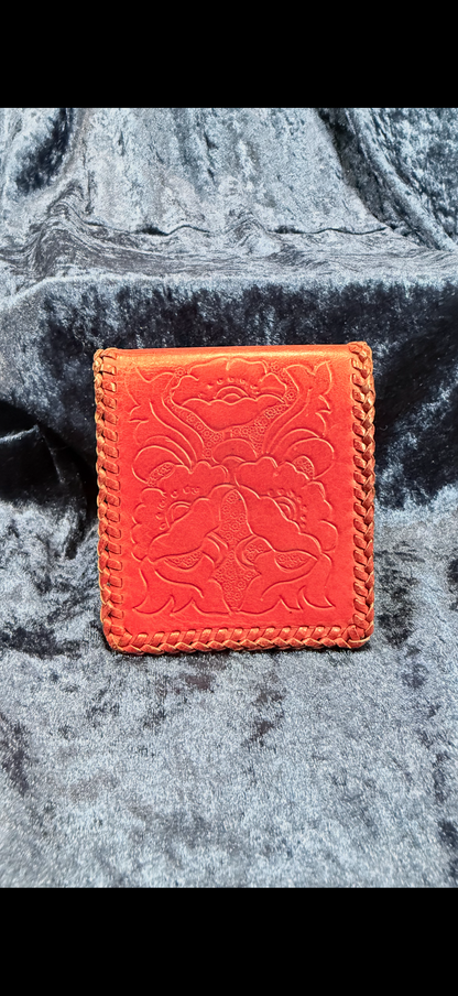 Vintage Red Leather Wallet - Hand-Tooled Floral Design with Braided Edges