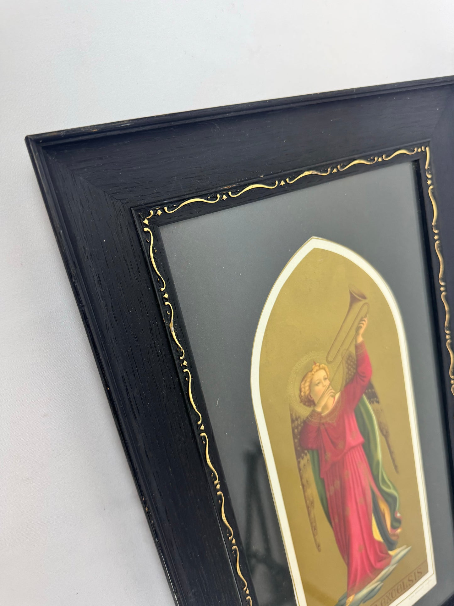 Antique Framed Art - Italian Florentine Fra Angelico Gloria In Excelsis Gilded Angel with Trumpet