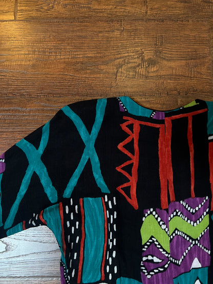 Vintage Petites Essay Sharon Anthony Blouse - Bold Abstract Tie Front Cropped Top - Medium