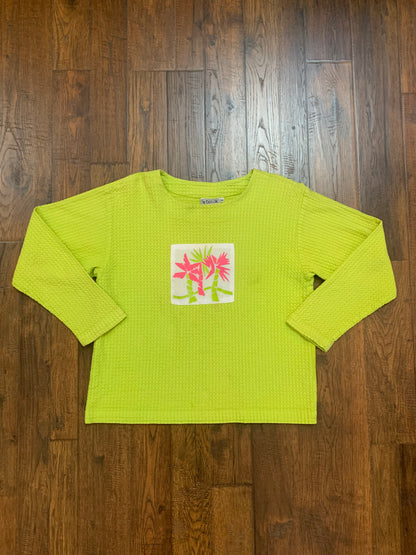 Vintage Clothing - Honeycomb Crewneck Pullover Sweatshirt - Lime Green - Hot Pink Palm Tree -  Medium