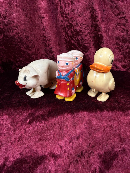 Vintage Ramp Walker Plastic Toy Set – Duck Sailor Piggy Kitsch Novelty Lot