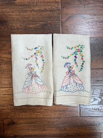 Vintage Linens - Pair of Embroidered Dinner Napkins - Rococo Lady In Waiting