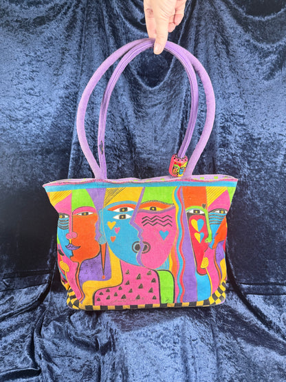 Vintage Canvas Laurel Burch Tote Bag – Kindred Spirits Faces with Purple Handles