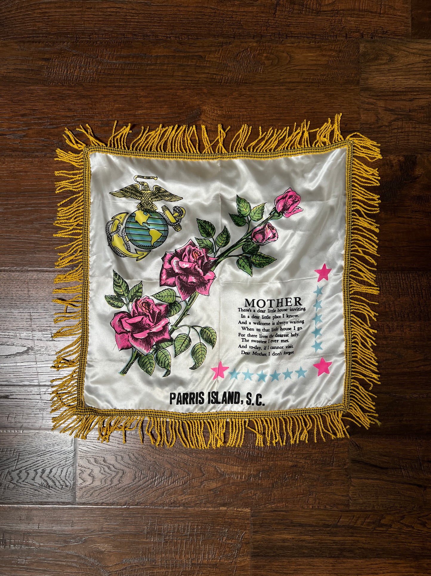 Vintage WWII Satin USMC Pillow Cover — Parris Island Mother Souvenir with Fringe