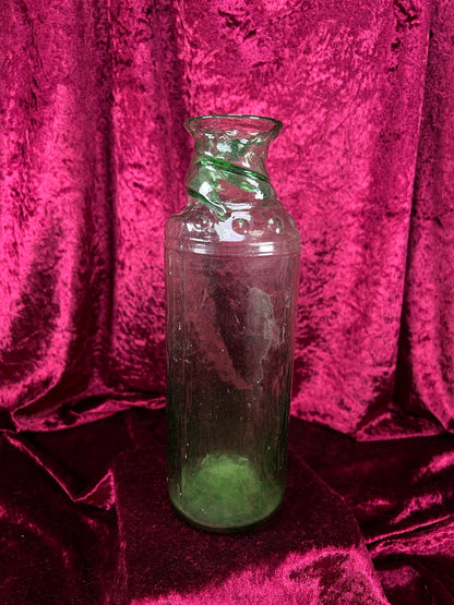 Vintage Hand Blown Green Glass Bottle - Twisted Rim Open Mouth Vase