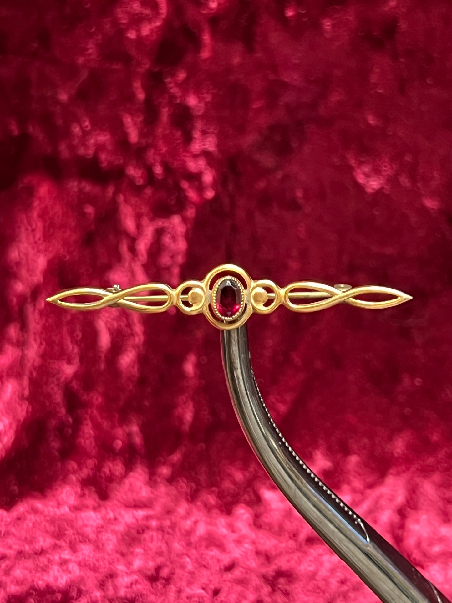 Vintage Jewelry - Brooch - 14KT Gold Filled - Curve Design - Red Faceted Gem