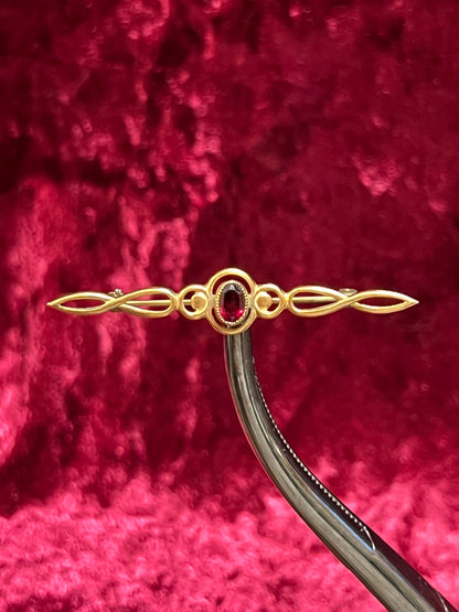 Vintage Jewelry - Brooch - 14KT Gold Filled - Curve Design - Red Faceted Gem