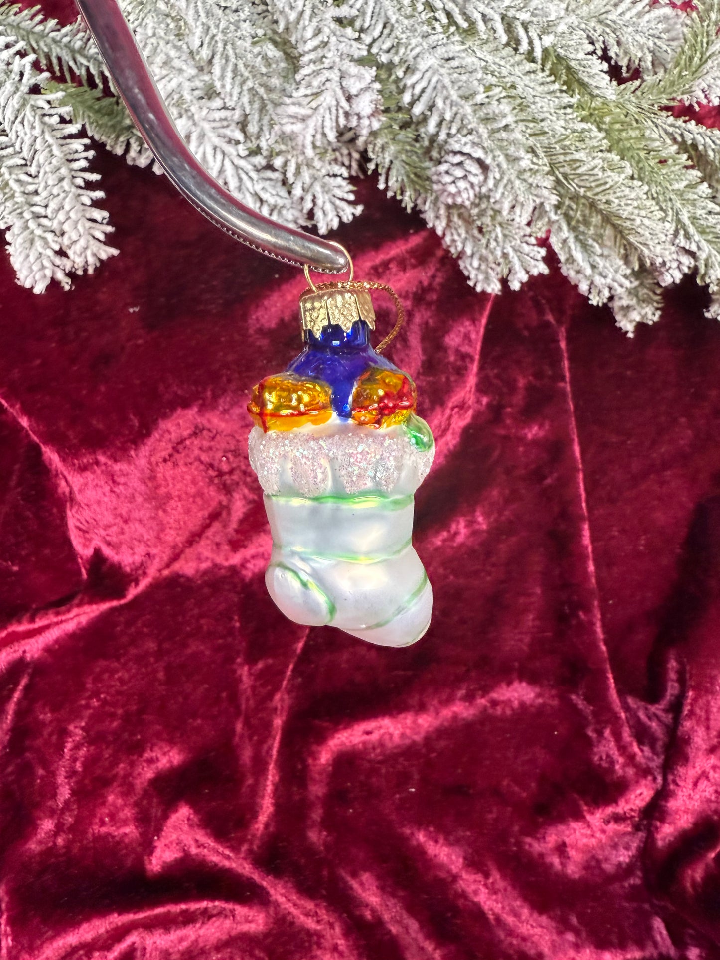Vintage Christmas - Handblown Glass Ornament - Stuffed Striped Stocking