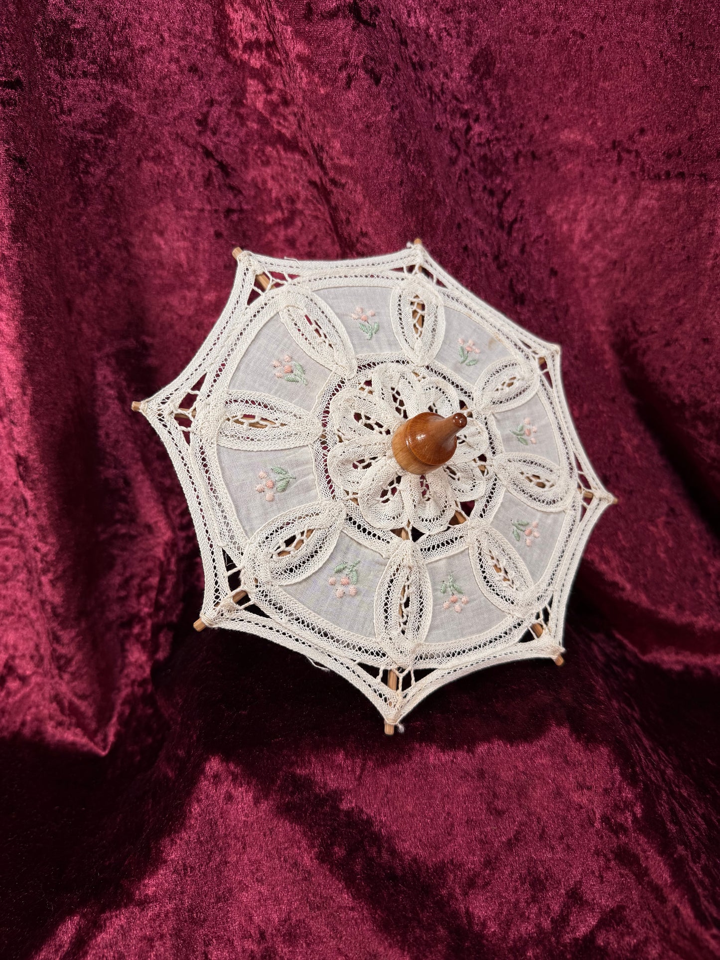 Vintage Miniature Parasol – Hand Embroidered Rossettes with Lace Accents