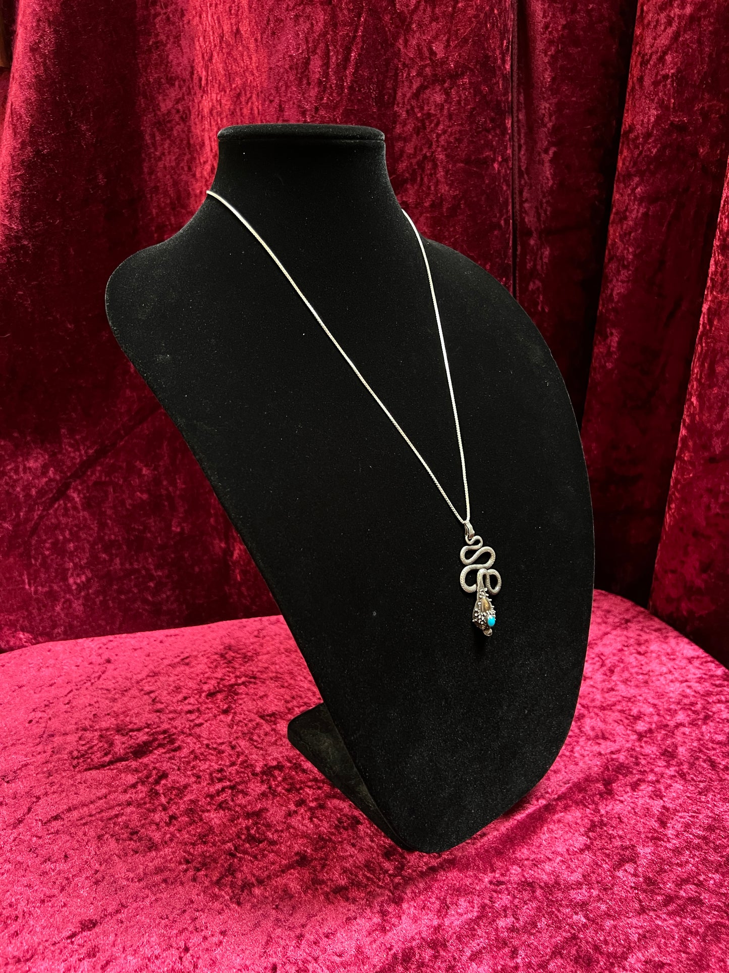 Vintage 925 Sterling Silver Snake Necklace – Turquoise Accent Serpent Pendant