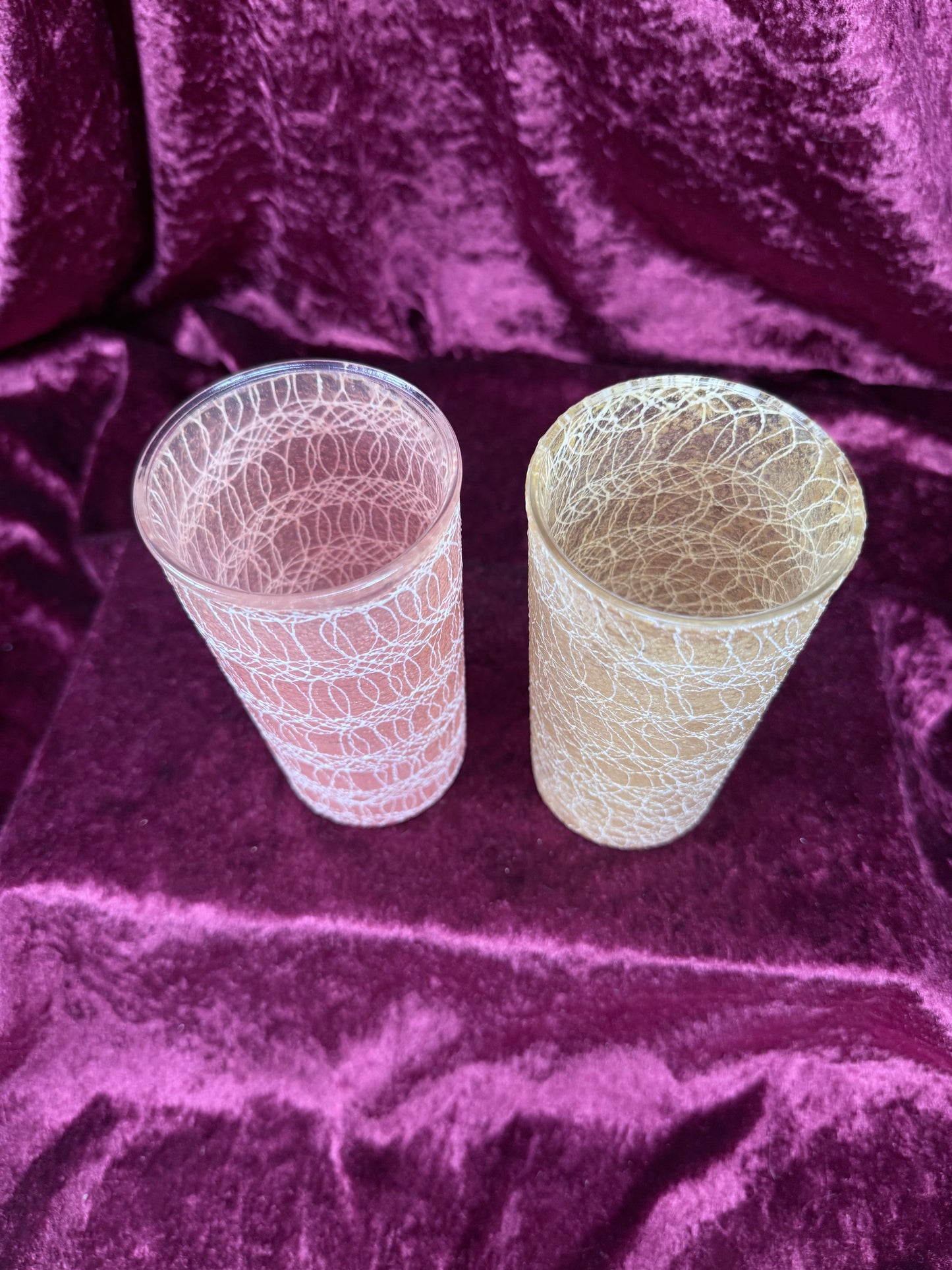 Vintage Frosted Glass Tumbler Set – White Spaghetti Overlay Pink & Yellow Pair