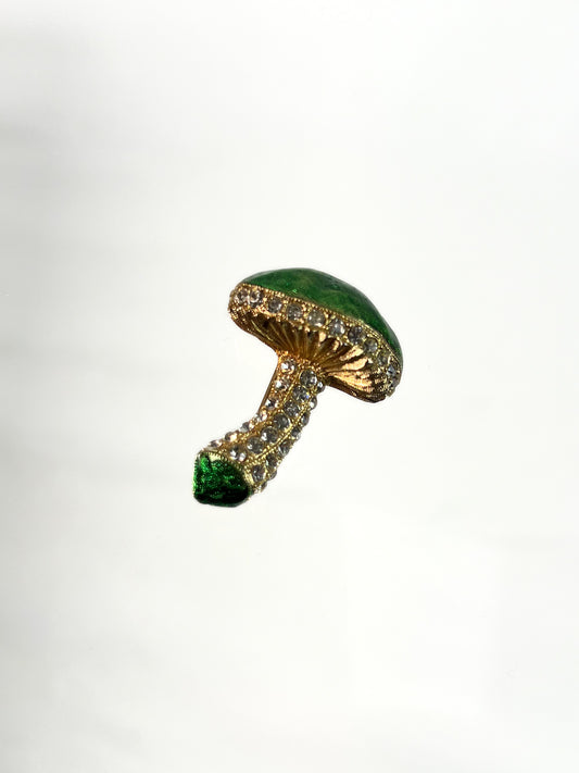 Vintage Jewelry - Brooch - Gold Tone - Clear Pave Rhinestones - Green Mushroom